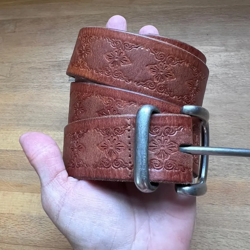 Fossil Genuine Leather Tooled Brown Belt Floral Western Boho Size S
